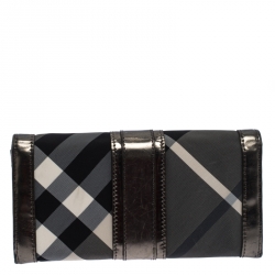 Pre Owned Burberry Metallic Grey Beat Check Nylon and Patent Leather Penrose Continental Wallet