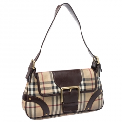 Pre Owned حقيبة كتف بربري قلاب إبزيم جلد و PVC كاروهات هايماركت بيج/ بنية