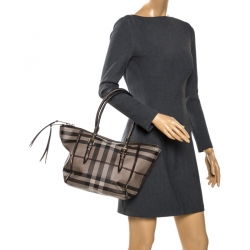 Pre Owned Burberry Brown/Grey Smoke House Check Coated Canvas and Leather Tote