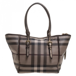 Pre Owned Burberry Brown/Grey Smoke House Check Coated Canvas and Leather Tote