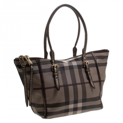 Pre Owned Burberry Brown/Grey Smoke House Check Coated Canvas and Leather Tote