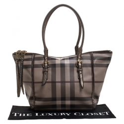 Pre Owned Burberry Brown/Grey Smoke House Check Coated Canvas and Leather Tote