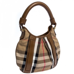 Pre Owned Burberry Beige/Camel House Check Canvas and Leather Phoebe Hobo