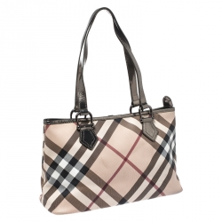 Pre Owned Burberry Beige/Metallic Nova Check PVC and Patent Leather Regent Tote