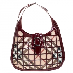 BURBERRY LONDON BURGUNDY PATENT NOVA CHECK WARRIOR SHOULDER BAG