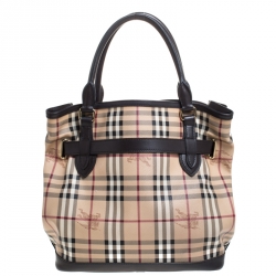 Pre Owned Burberry Beige/Brown Haymarket Check Canvas and Leather Medium Golderton Tote