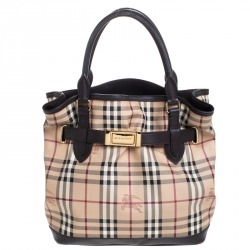 Pre Owned Burberry Beige/Brown Haymarket Check Canvas and Leather Medium Golderton Tote