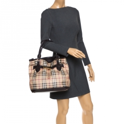 Pre Owned Burberry Beige/Brown Haymarket Check Canvas and Leather Medium Golderton Tote
