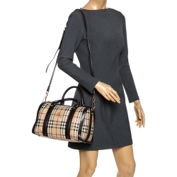 Pre Owned Burberry Brown/Beige Haymarket Check Coated Canvas Boston Bag