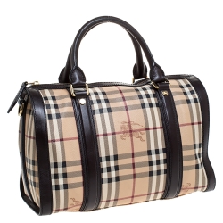 Pre Owned Burberry Brown/Beige Haymarket Check Coated Canvas Boston Bag