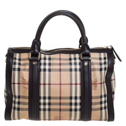 Pre Owned Burberry Brown/Beige Haymarket Check Coated Canvas Boston Bag