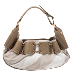 Pre Owned Burberry Beige Leather and Canvas Prorsum Mason Warrior Hobo