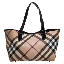 Pre Owned Burberry Beige/Black Nova Check PVC and Patent Leather Shopper Tote
