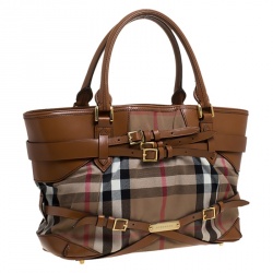Pre Owned Burberry Brown House Check Canvas and Leather Medium Bridle Lynher Tote
