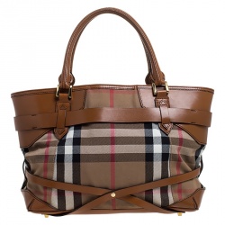 Pre Owned Burberry Brown House Check Canvas and Leather Medium Bridle Lynher Tote
