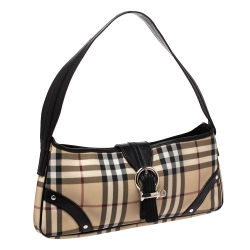 Pre Owned Burberry Beige/Black House Check PVC and Leather Baguette Bag