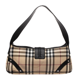 Pre Owned Burberry Beige/Black House Check PVC and Leather Baguette Bag