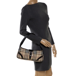 Pre Owned Burberry Beige/Black House Check PVC and Leather Baguette Bag