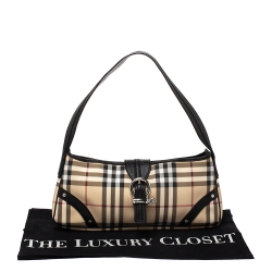 Pre Owned Burberry Beige/Black House Check PVC and Leather Baguette Bag