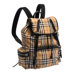 Pre Owned Burberry Beige/Black House Check Canvas and Leather Rucksack Backpack