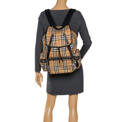Pre Owned Burberry Beige/Black House Check Canvas and Leather Rucksack Backpack