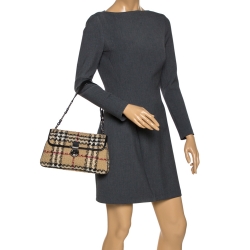 Pre Owned Burberry Beige House Check Tweed and Leather Flap Shoulder Bag
