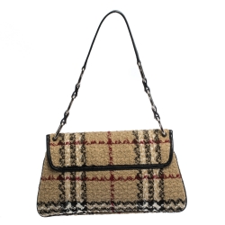 Pre Owned Burberry Beige House Check Tweed and Leather Flap Shoulder Bag