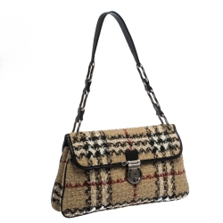 Pre Owned Burberry Beige House Check Tweed and Leather Flap Shoulder Bag