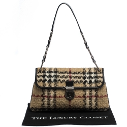 Pre Owned Burberry Beige House Check Tweed and Leather Flap Shoulder Bag