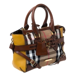 Pre Owned Burberry Brown/Yellow House Check Fabric and Leather Gladstone Tote