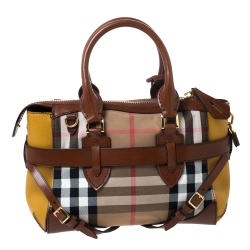 Pre Owned Burberry Brown/Yellow House Check Fabric and Leather Gladstone Tote