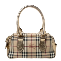 Pre Owned Burberry Gold/Beige Haymarket Check PVC and Patent Leather Bowler Bag