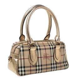 Pre Owned Burberry Gold/Beige Haymarket Check PVC and Patent Leather Bowler Bag