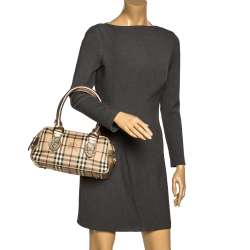 Pre Owned Burberry Gold/Beige Haymarket Check PVC and Patent Leather Bowler Bag