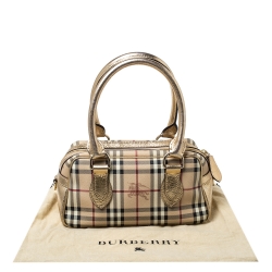 Pre Owned Burberry Gold/Beige Haymarket Check PVC and Patent Leather Bowler Bag