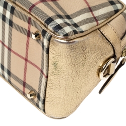 Pre Owned Burberry Gold/Beige Haymarket Check PVC and Patent Leather Bowler Bag