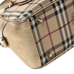 Pre Owned Burberry Gold/Beige Haymarket Check PVC and Patent Leather Bowler Bag