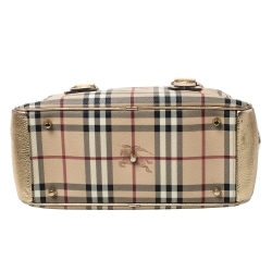Pre Owned Burberry Gold/Beige Haymarket Check PVC and Patent Leather Bowler Bag
