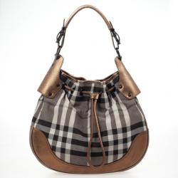 Pre Owned Burberry Metallic Trim House Check Drawstring Hobo