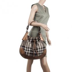 Pre Owned Burberry Metallic Trim House Check Drawstring Hobo