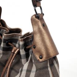 Pre Owned Burberry Metallic Trim House Check Drawstring Hobo