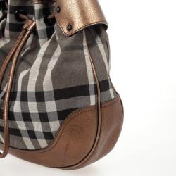 Pre Owned Burberry Metallic Trim House Check Drawstring Hobo