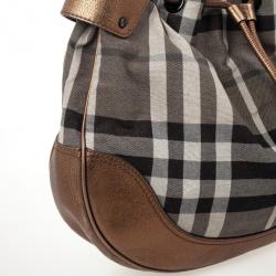 Pre Owned Burberry Metallic Trim House Check Drawstring Hobo