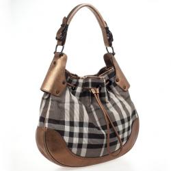 Pre Owned Burberry Metallic Trim House Check Drawstring Hobo
