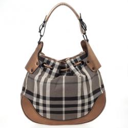 Pre Owned Burberry Metallic Trim House Check Drawstring Hobo