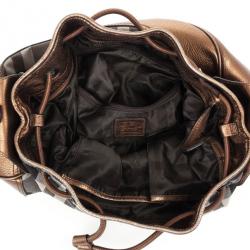 Pre Owned Burberry Metallic Trim House Check Drawstring Hobo