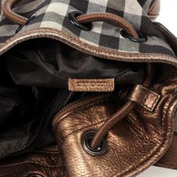 Pre Owned Burberry Metallic Trim House Check Drawstring Hobo