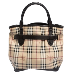 Pre Owned Burberry Beige/Brown Haymarket Check Canvas and Leather Medium Golderton Tote