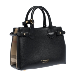 مملوكة مسبقًا Burberry Black Leather and House Check Fabric Small Banner Tote