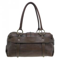 Pre Owned Burberry Olive Green Leather Buckle Boston Bag